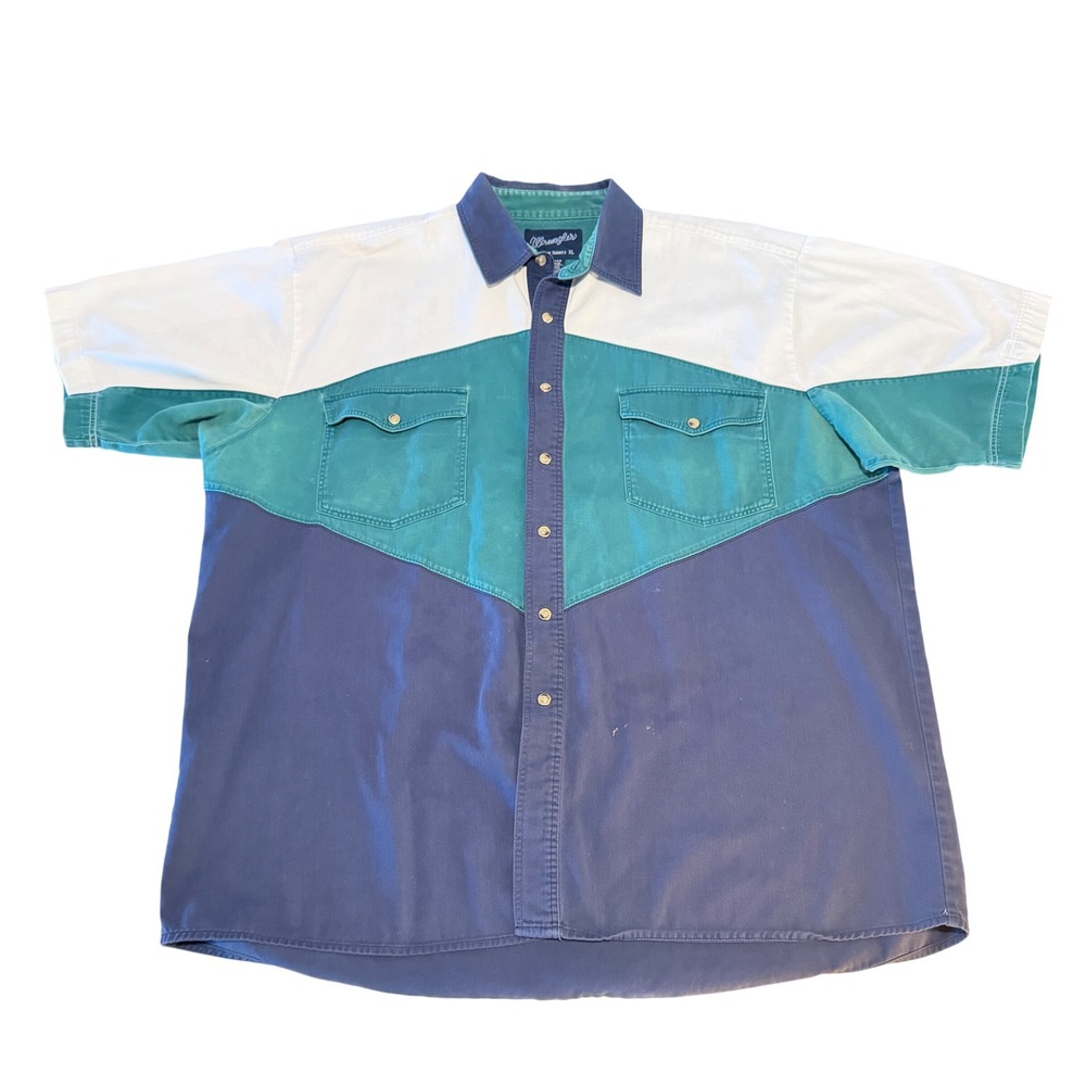 Vintage Wrangler Western Shirt Mens XL Short Sleeve Colorblock Snap Cotton